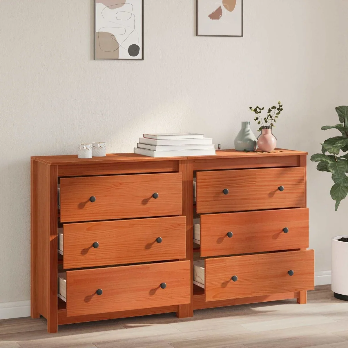 furnicato Sideboard Anrichte, Massivholz, 6 Schubladen, wachsbraun 4