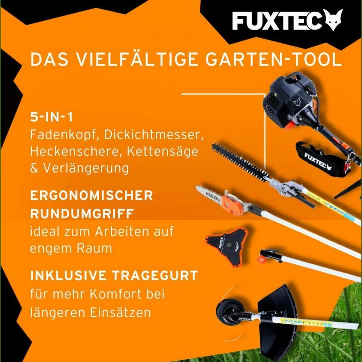 FUXTEC FX-MT252ER Benzin-Motorsense, 5in1 Multitool, 3PS, abwinkelbarer Hochentaster 5
