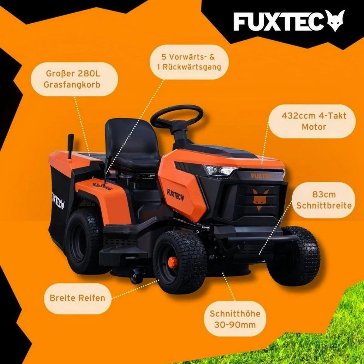 FUXTEC FX-RMT84M Rasentraktor, 83 cm Schnittbreite, 30-90 mm Schnitthöhe, 280 L Fangkorb 4