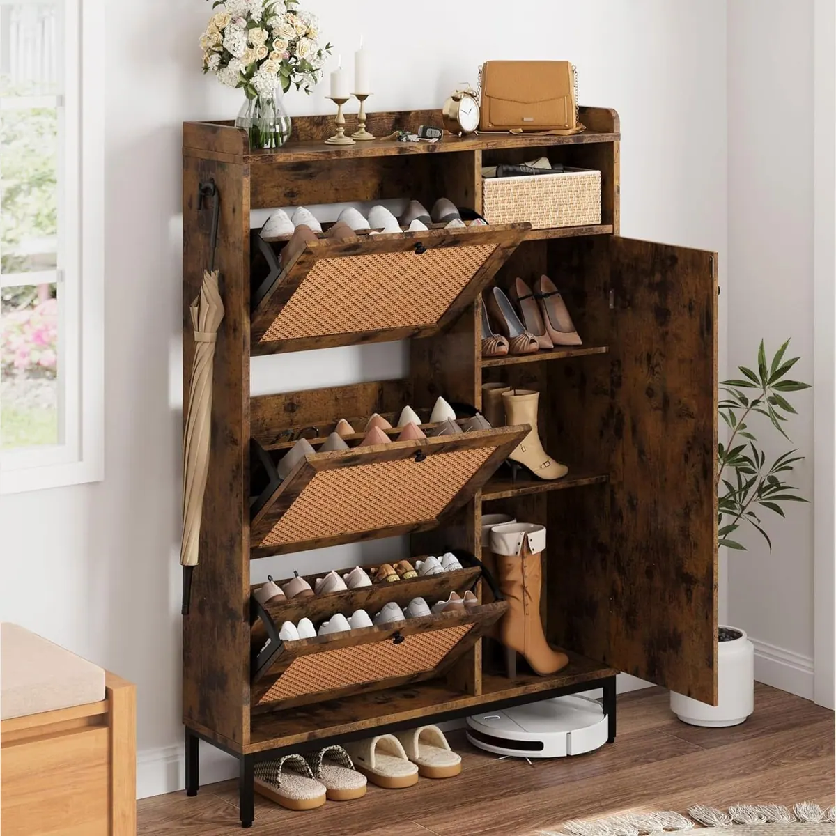 GarveeMore Rattan Schuhschrank, geräumig mit 3 Klappschubladen und 4-stufigem Regal