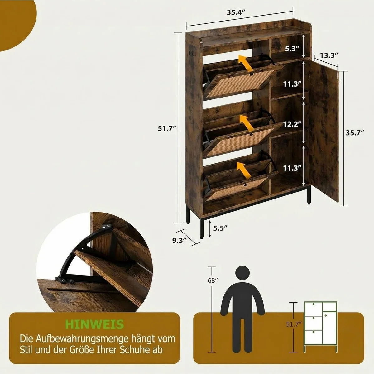 GarveeMore Rattan Schuhschrank, geräumig mit 3 Klappschubladen und 4-stufigem Regal 2