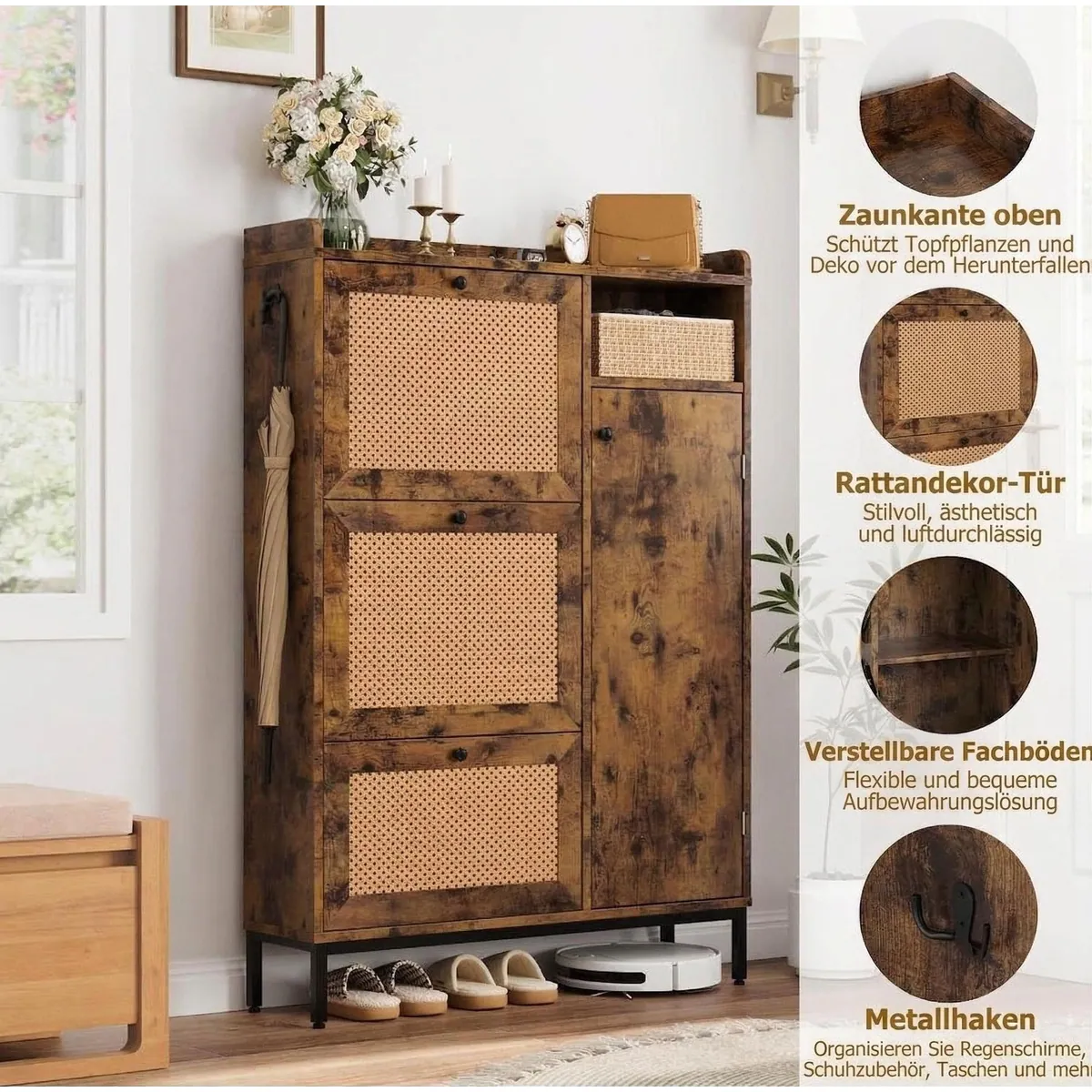 GarveeMore Rattan Schuhschrank, geräumig mit 3 Klappschubladen und 4-stufigem Regal 3