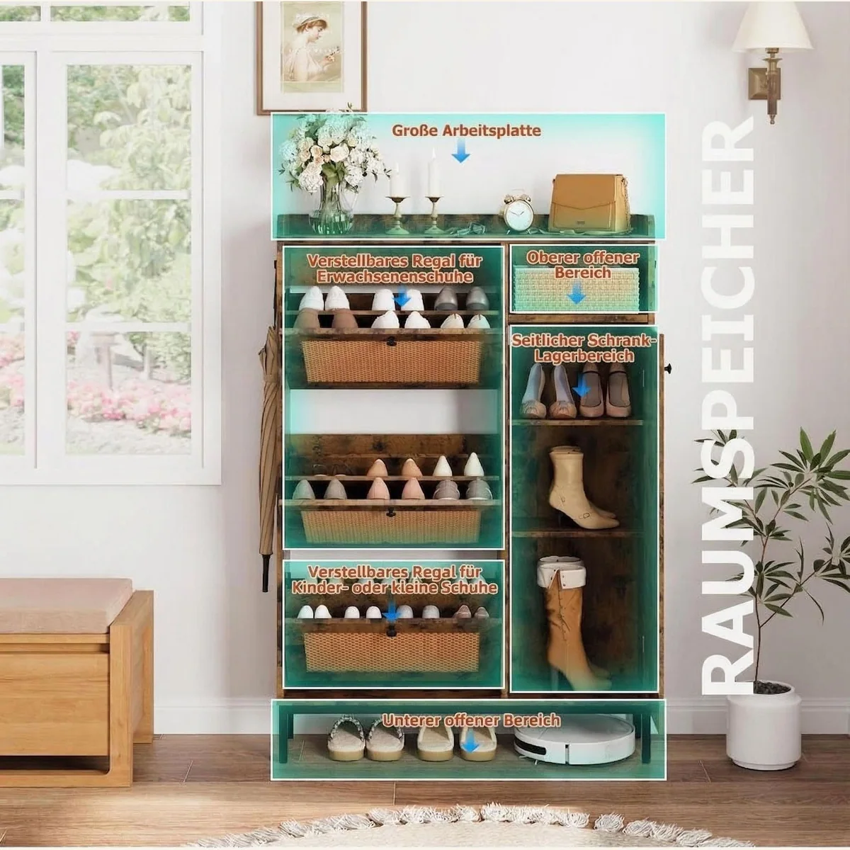 GarveeMore Rattan Schuhschrank, geräumig mit 3 Klappschubladen und 4-stufigem Regal 4