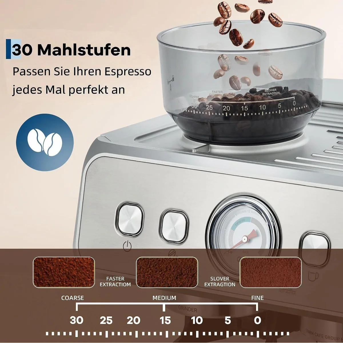 GarveeMore Espressomaschine CM5020B-GS, 20 Bar Druck, Kegelmahlwerk & Dampfrohr 2