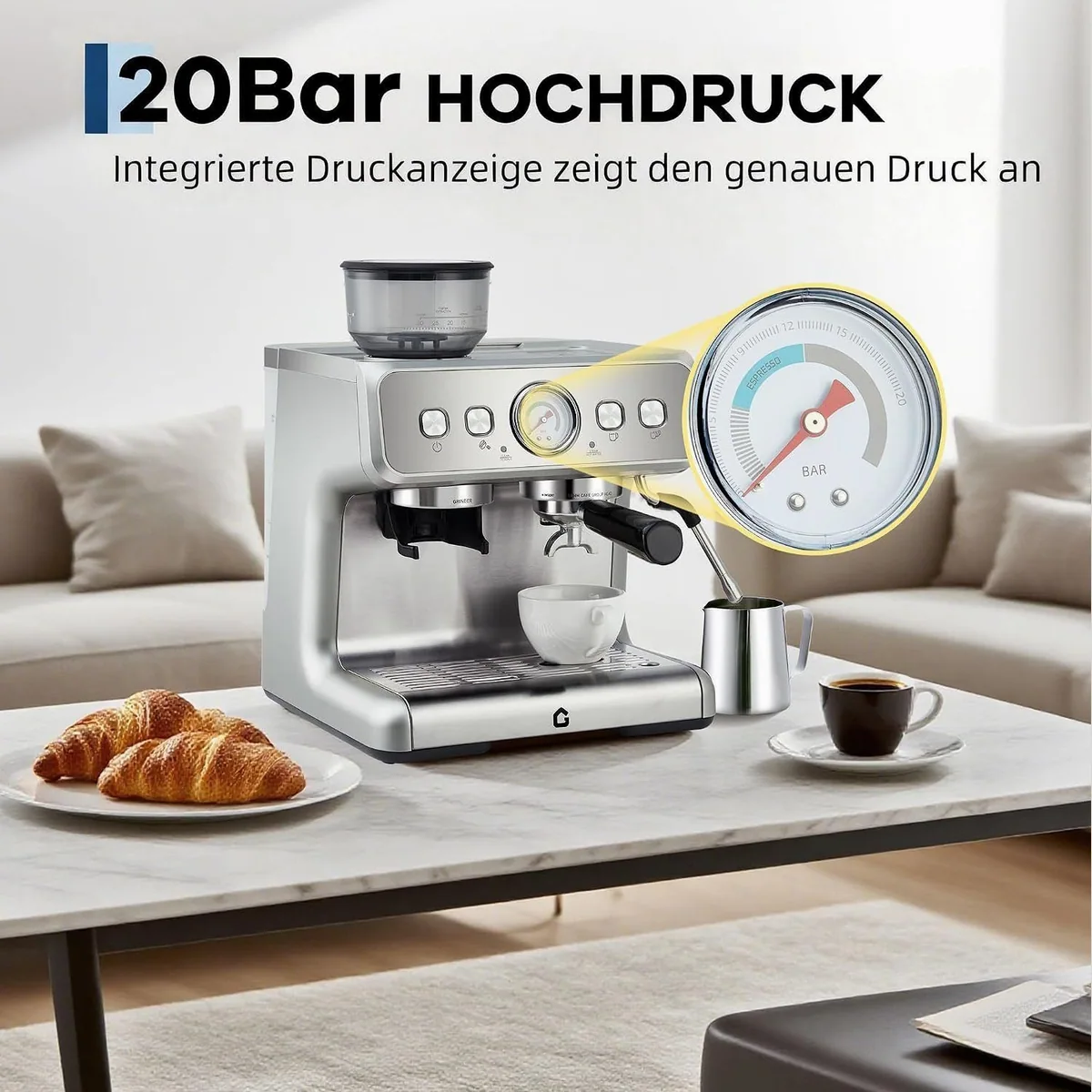 GarveeMore Espressomaschine CM5020B-GS, 20 Bar Druck, Kegelmahlwerk & Dampfrohr 3