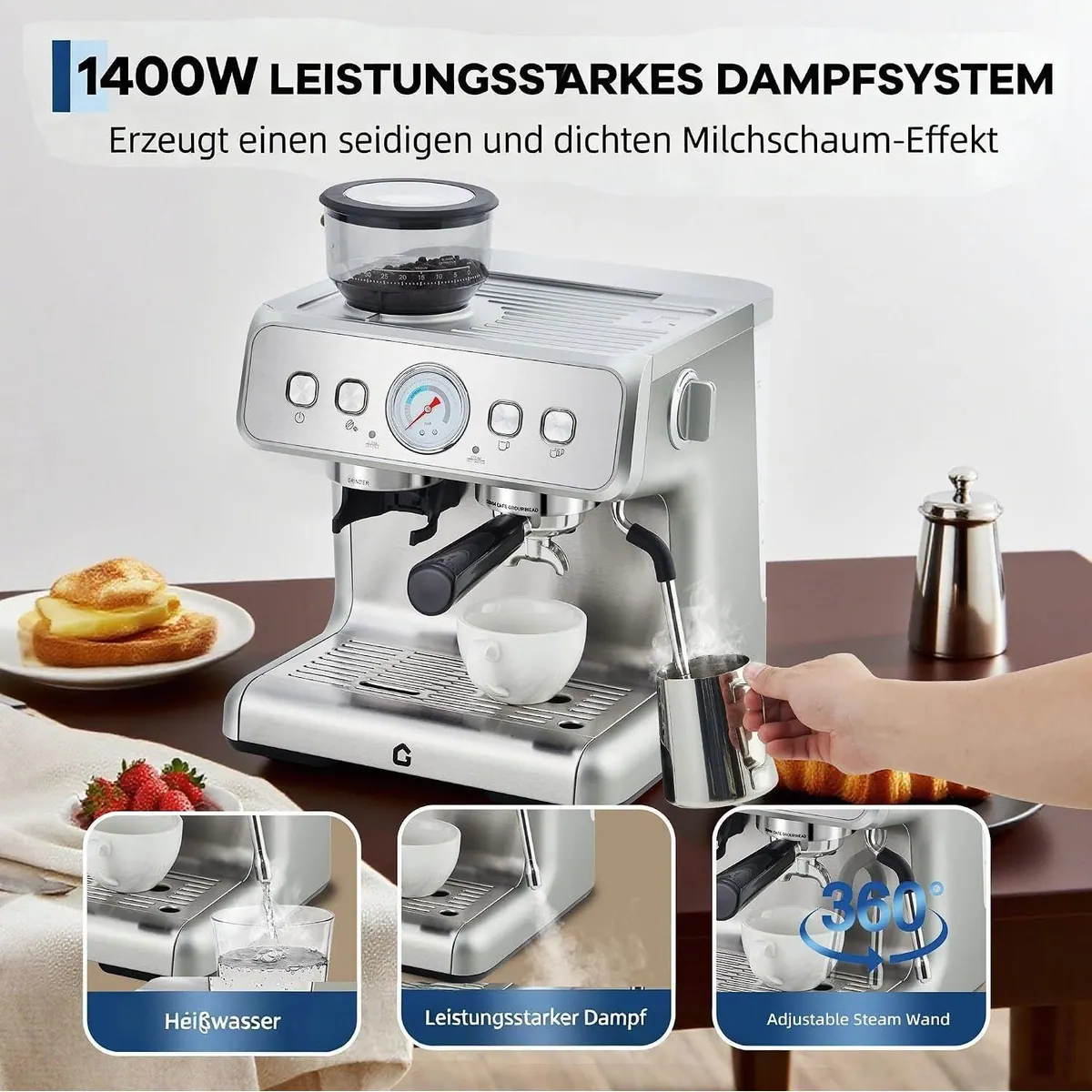 GarveeMore Espressomaschine CM5020B-GS, 20 Bar Druck, Kegelmahlwerk & Dampfrohr 4