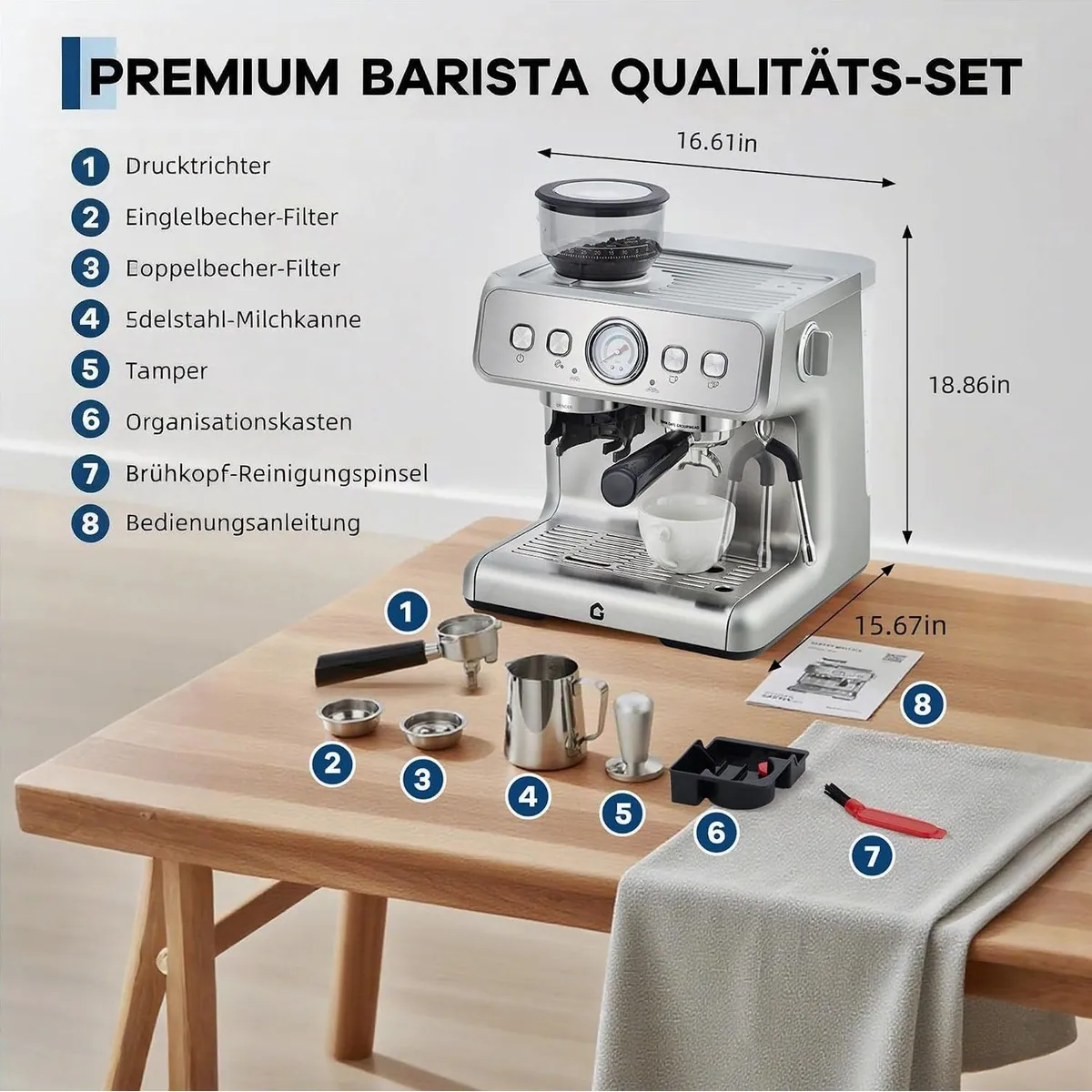GarveeMore Espressomaschine CM5020B-GS, 20 Bar Druck, Kegelmahlwerk & Dampfrohr 5
