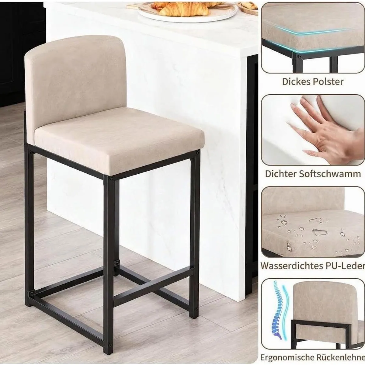 GarveeMore Barhocker 2er-Set, gepolsterte Tresenhocker mit Rückenlehne 3