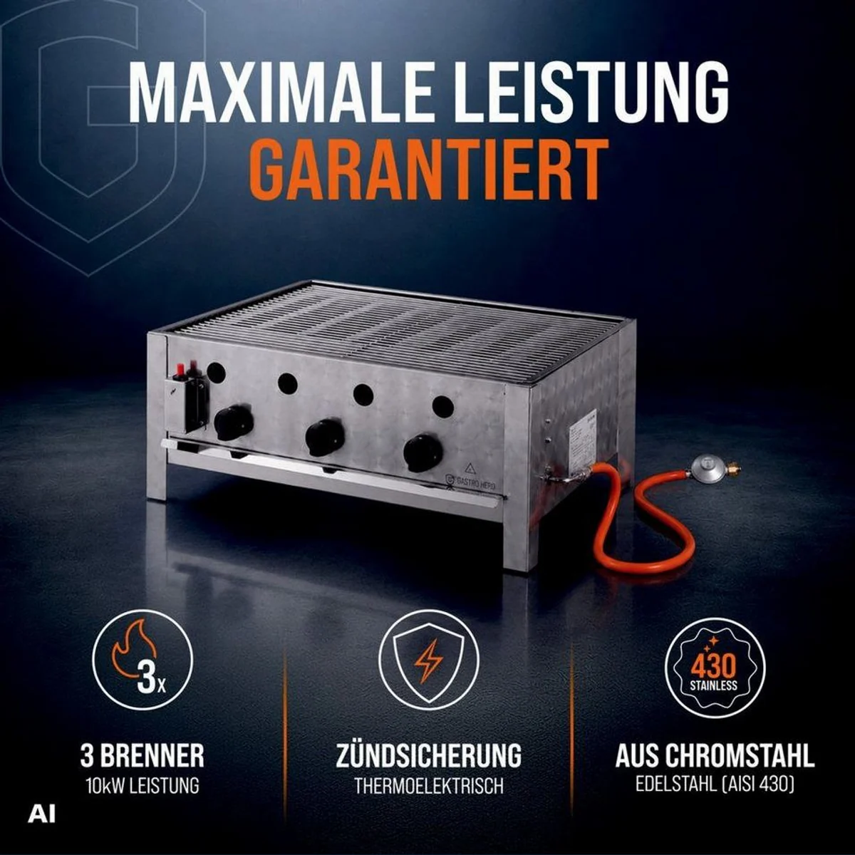 GastroHero Gasgrill Tischbräter, 3 Brenner 10 kW, kompakt & vielseitig 2