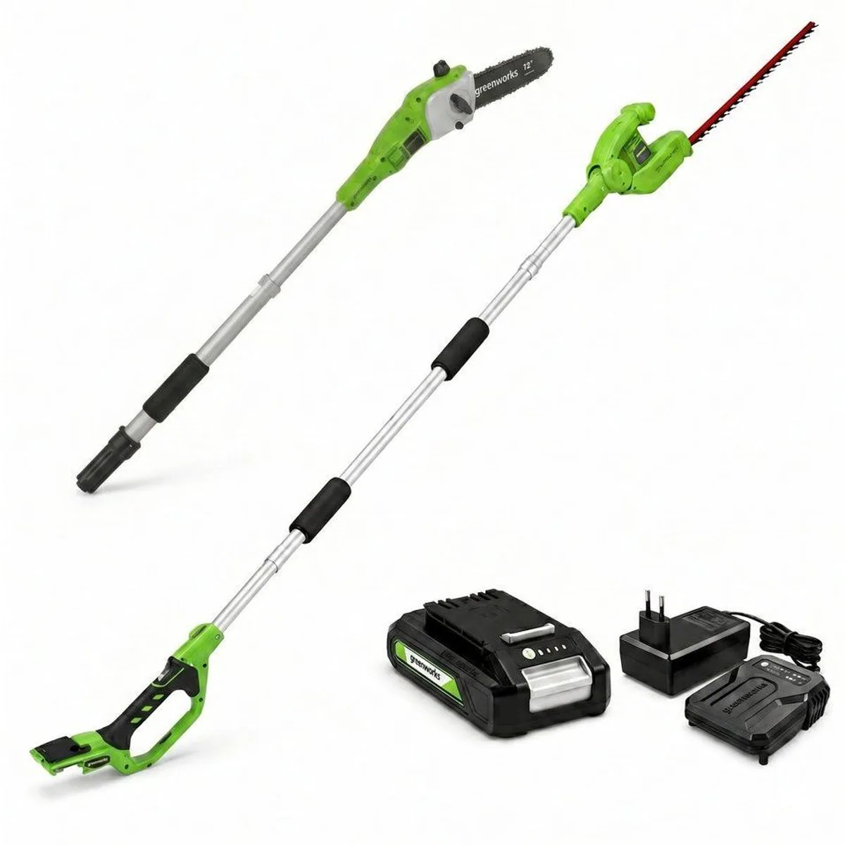 Greenworks 24V 2-in-1 Hochentaster & Heckenschere, Teleskop bis 2,4 m, 20 cm Schwert