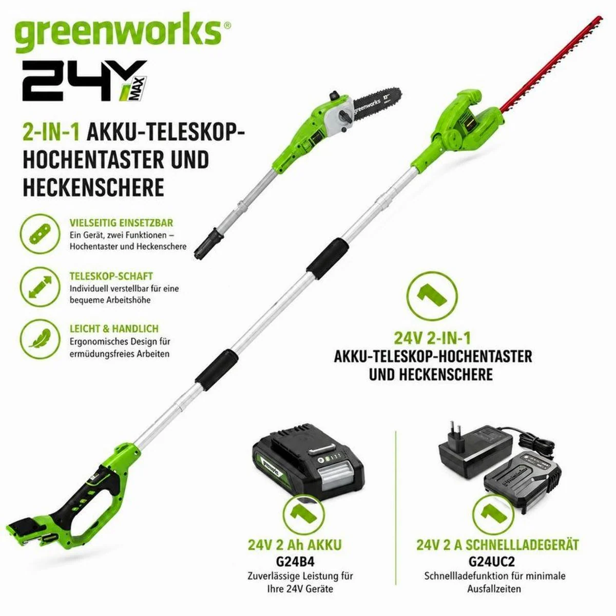 Greenworks 24V 2-in-1 Hochentaster & Heckenschere, Teleskop bis 2,4 m, 20 cm Schwert 2