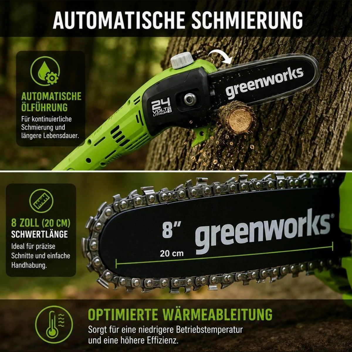 Greenworks 24V 2-in-1 Hochentaster & Heckenschere, Teleskop bis 2,4 m, 20 cm Schwert 3