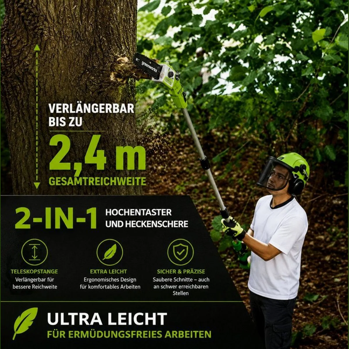Greenworks 24V 2-in-1 Hochentaster & Heckenschere, Teleskop bis 2,4 m, 20 cm Schwert 5