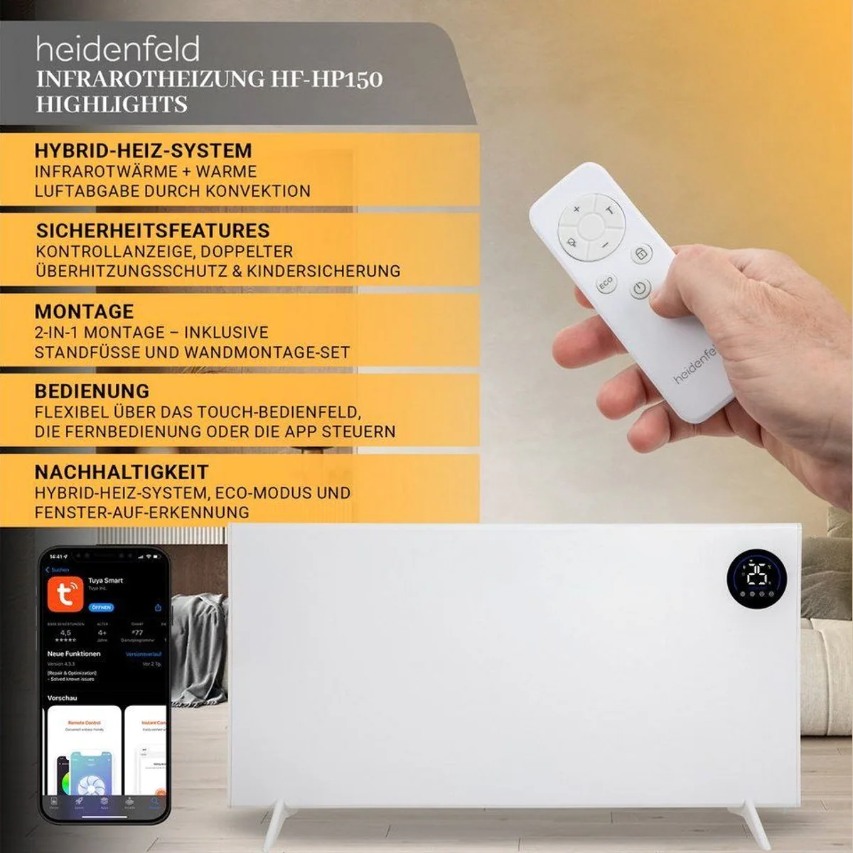 Heidenfeld HF-HP150 Infrarotheizung, Hybrid-Heizsystem, 3in1 Steuerung, flexibel montierbar 2