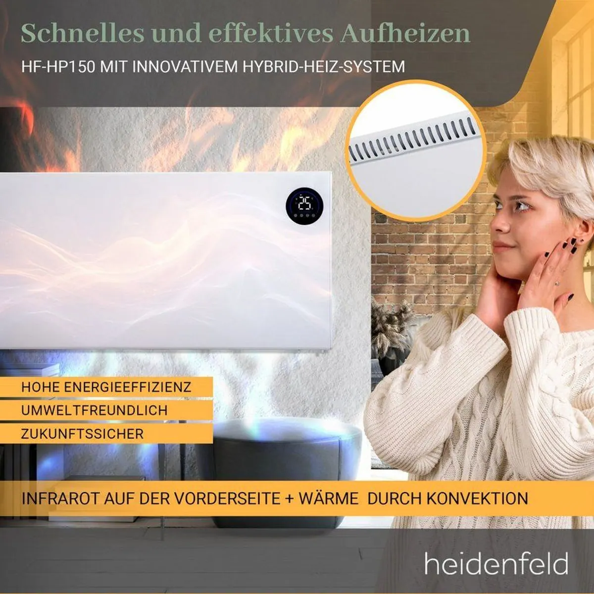 Heidenfeld HF-HP150 Infrarotheizung, Hybrid-Heizsystem, 3in1 Steuerung, flexibel montierbar 3