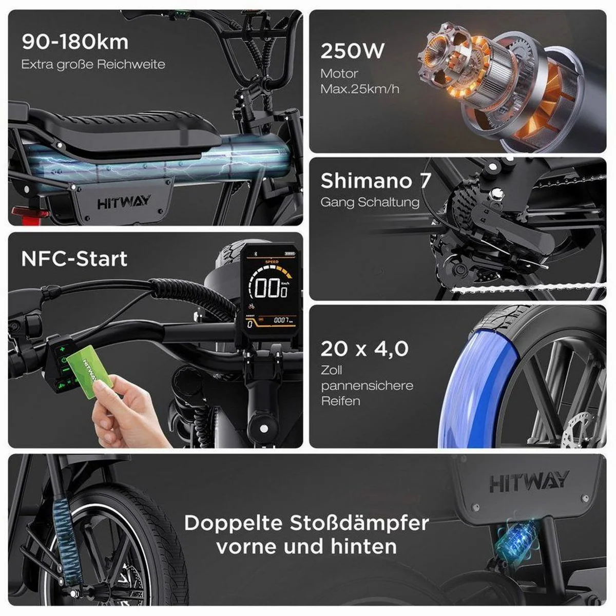 HITWAY E-Bike Mountainbike, 48V 23,4Ah Akku, 7-Gang Shimano, robuste 20 Zoll Reifen 2