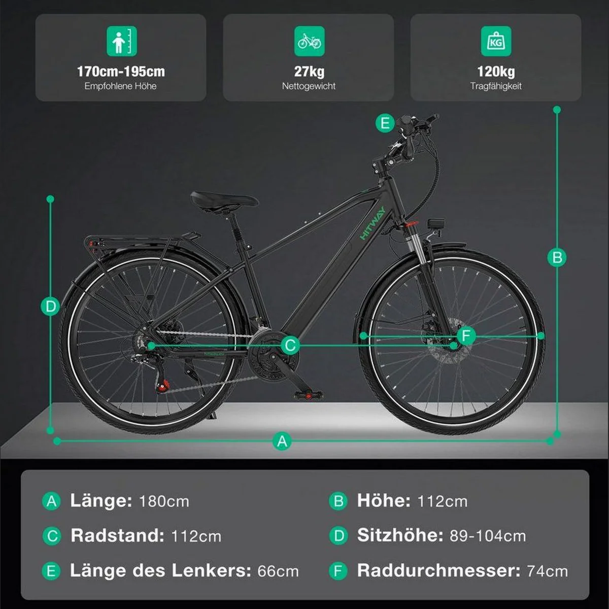 HITWAY BK7S PRO E-Bike, 27,5 Zoll, 36V Akku, 50–80 km Reichweite, 21 Gang Shimano 4