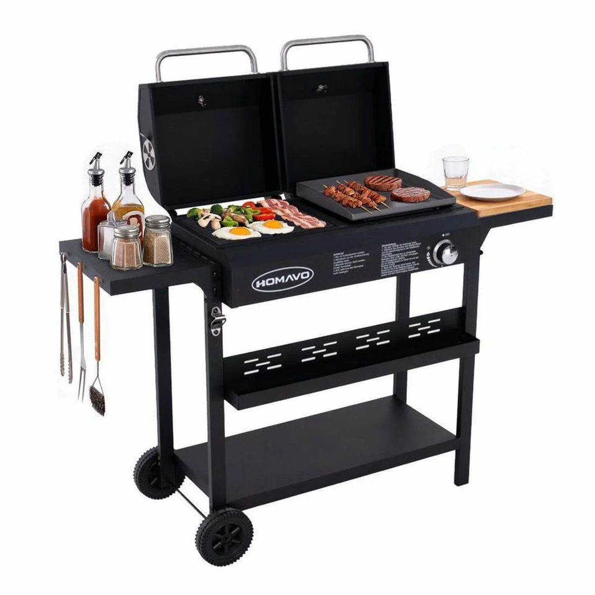 HOMAVO Gas- & Holzkohlegrill 2-in-1, flexibles Zweibrennstoff-System & robuste Bauweise
