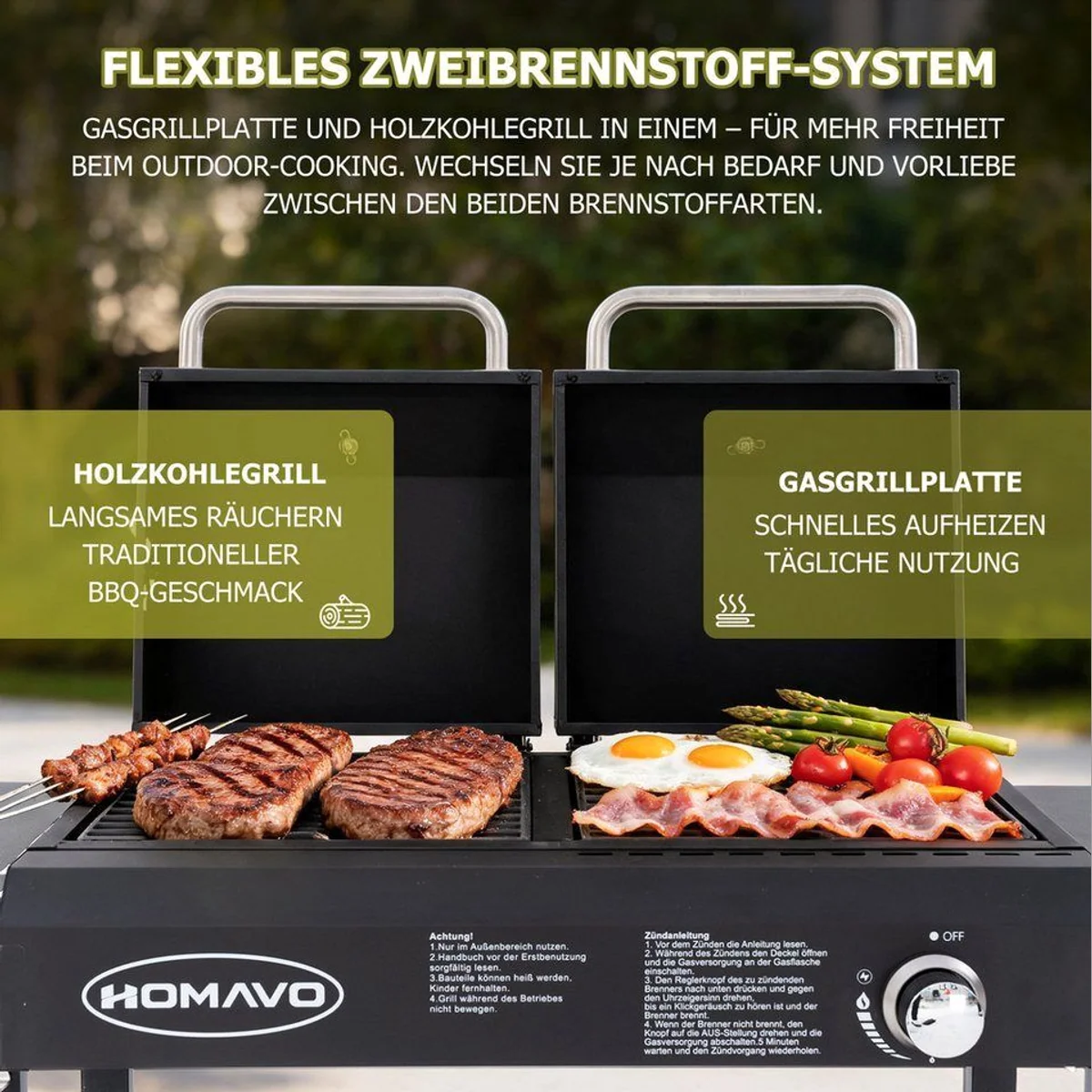 HOMAVO Gas- & Holzkohlegrill 2-in-1, flexibles Zweibrennstoff-System & robuste Bauweise 2