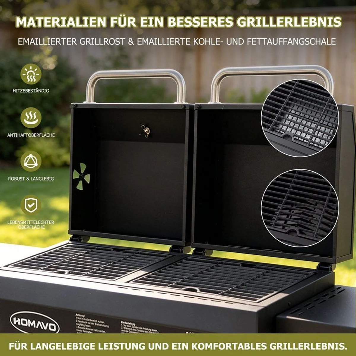 HOMAVO Gas- & Holzkohlegrill 2-in-1, flexibles Zweibrennstoff-System & robuste Bauweise 3