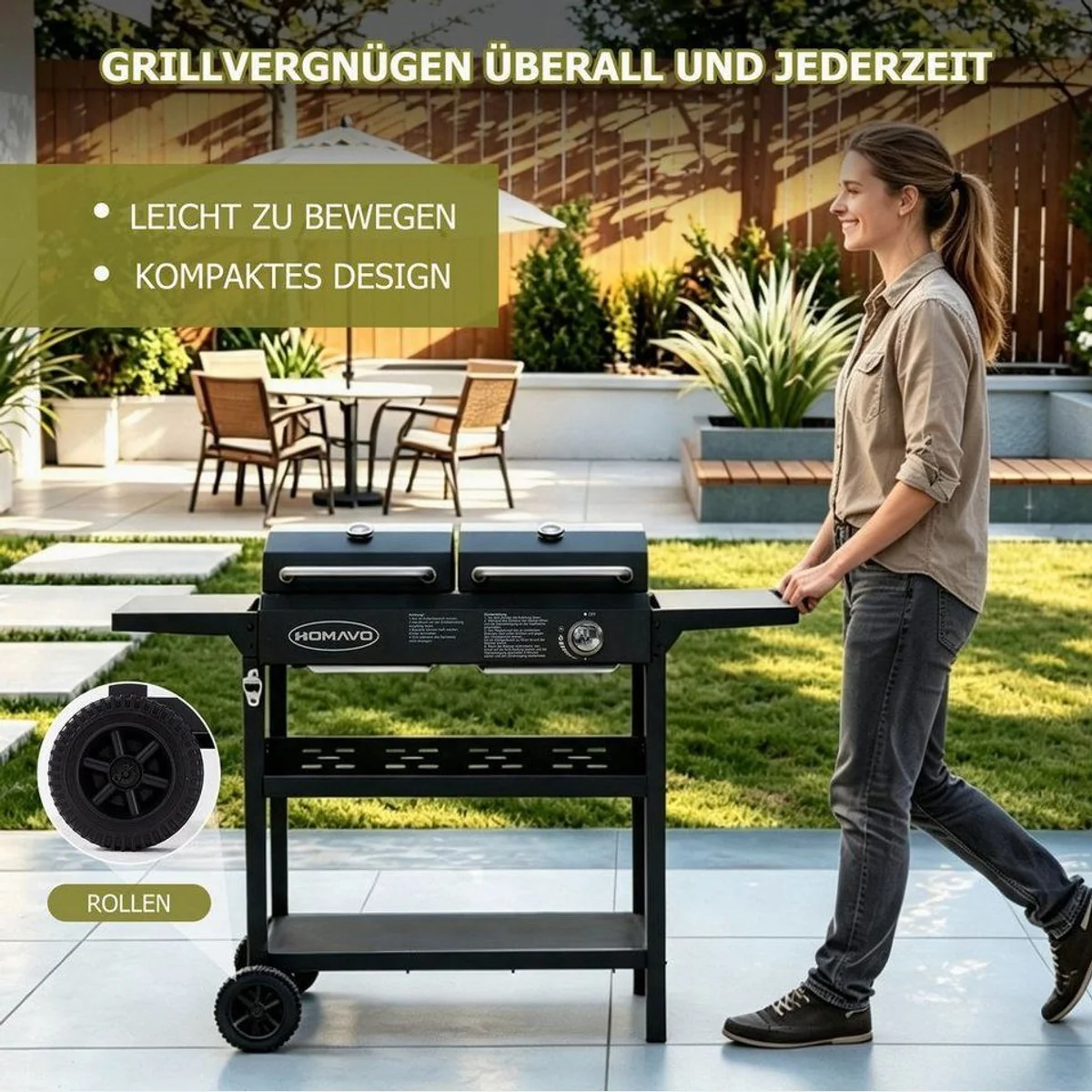 HOMAVO Gas- & Holzkohlegrill 2-in-1, flexibles Zweibrennstoff-System & robuste Bauweise 4