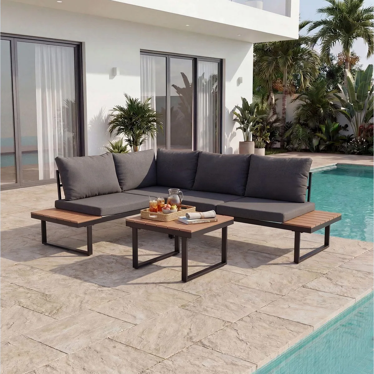 HOMAVO Gartenlounge-Set, L-förmiges Ecksofa mit Couchtisch, wetterbeständig & pflegeleicht