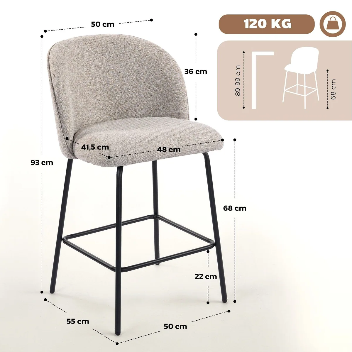 HOMCOM Barhocker Set, ergonomische Rückenlehne, stabil und elegant — 2 Stück, hellgrau 3