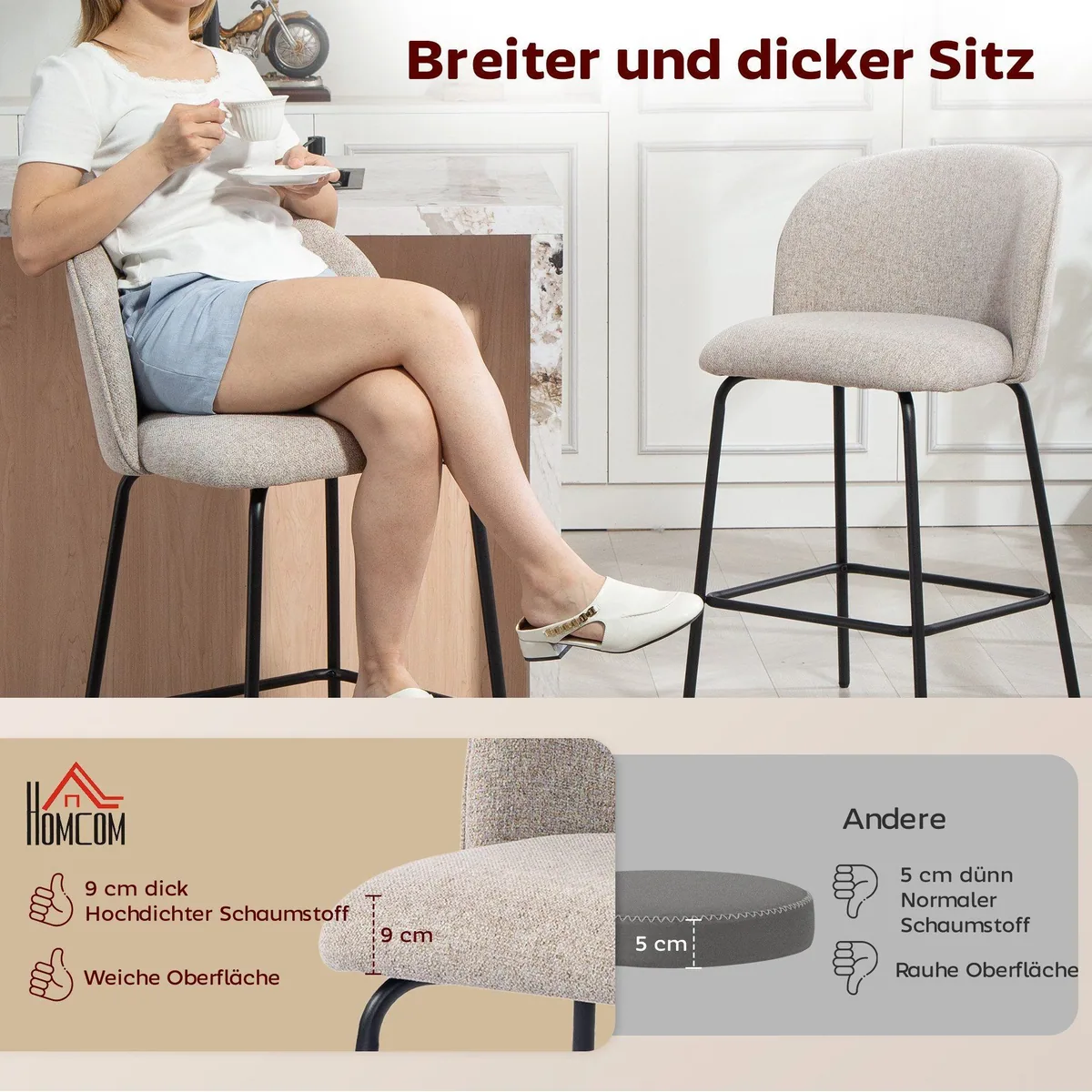 HOMCOM Barhocker Set, ergonomische Rückenlehne, stabil und elegant — 2 Stück, hellgrau 4