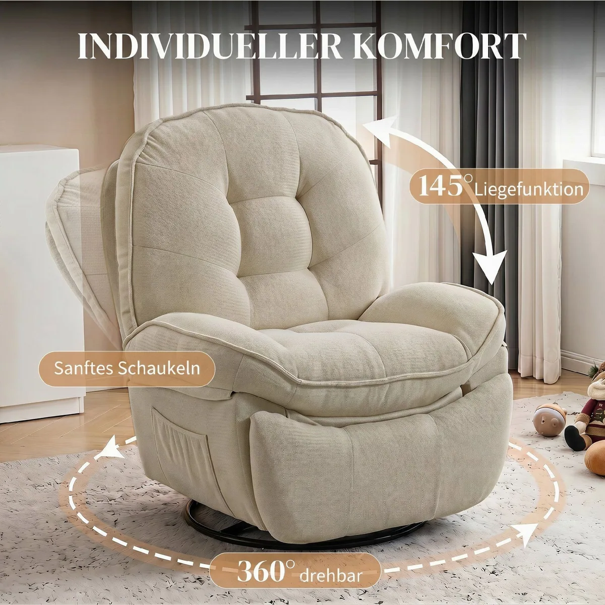 HOMCOM Relaxsessel Chenille-Sessel, 360° drehbar, wippend, bis 145° neigbar 4