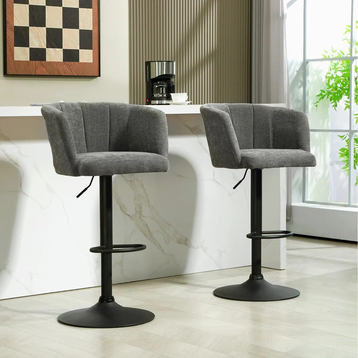 HOMCOM Barhocker 2er-Set, Höhenverstellbar, Drehbar, Dunkelgrau