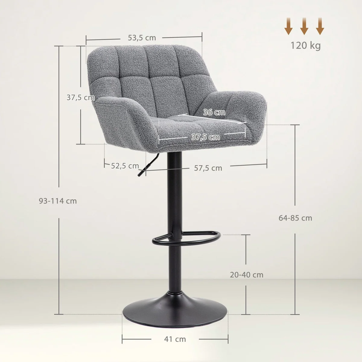 HOMCOM Barhocker Grau, ergonomisches Design, höhenverstellbar & drehbar 3