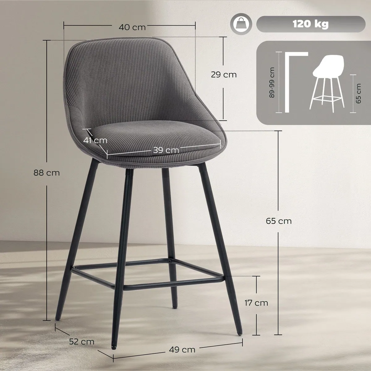 HOMCOM Barhocker Drehbar, Cord-Optik, 360° Drehung, stabil & komfortabel 3
