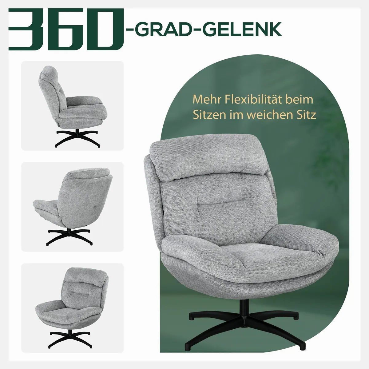 HOMCOM Relaxsessel, 360-Grad-Drehung, pflegeleichter Chenille-Stoff, stilvolles Grau 4
