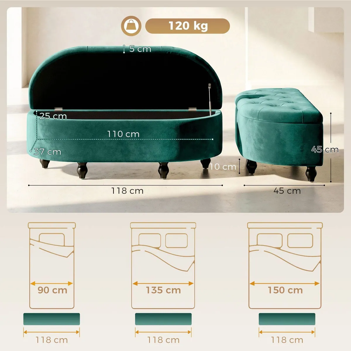 HOMCOM Sitzbank Polsterbank mit Stauraum, Dunkelgrün, elegantes Design und hoher Komfort 3