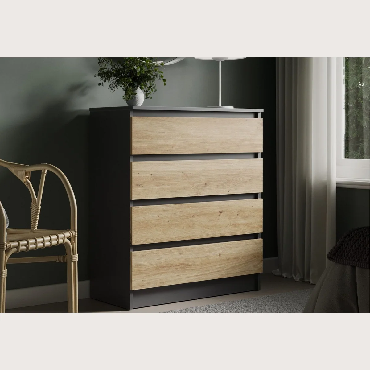 Home Collective Kommode mit 4 Schubladen, modernes Design, hoher Stauraum — 76 cm breit, Anthrazit / Artisan Eiche