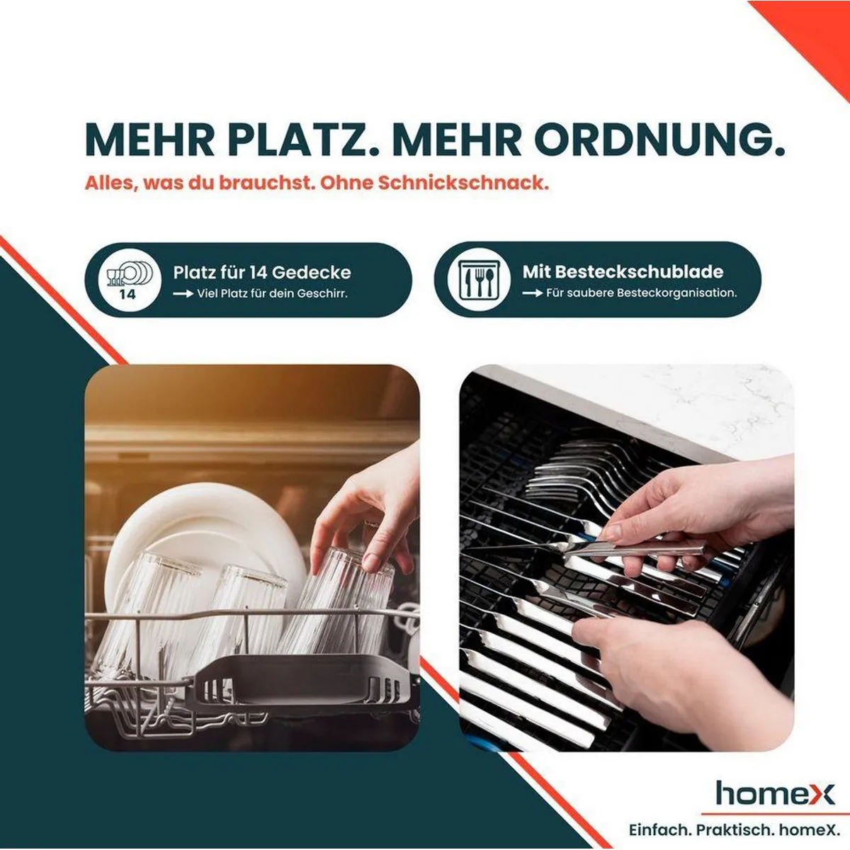 homeX DWFS601444C-S Geschirrspüler, 14 Maßgedecke, 7 Programme, leise 44 dB 2