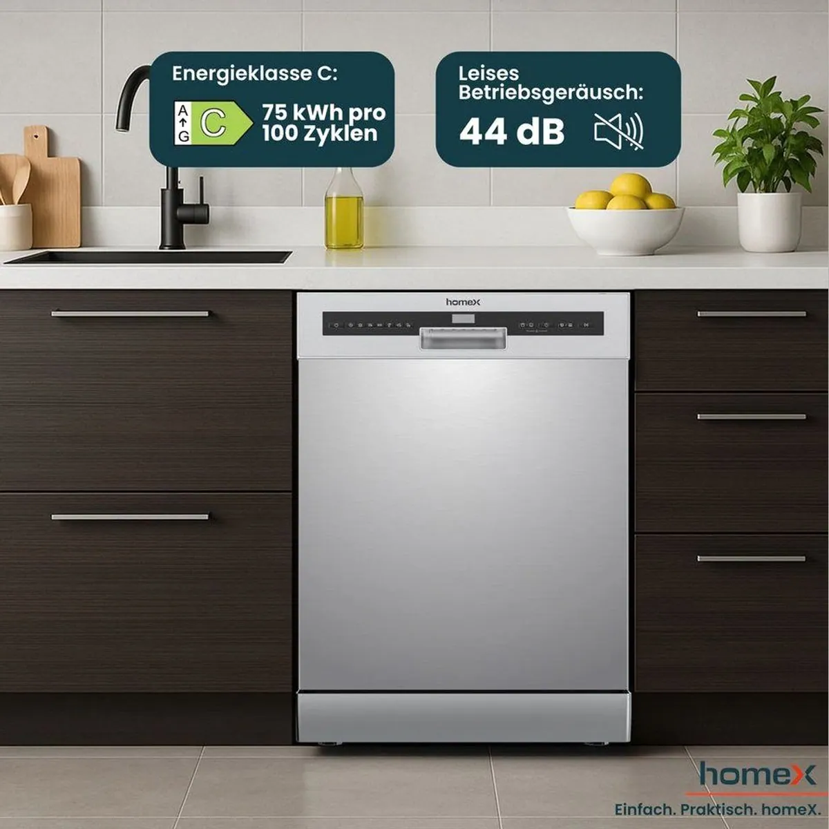 homeX DWFS601444C-S Geschirrspüler, 14 Maßgedecke, 7 Programme, leise 44 dB 5