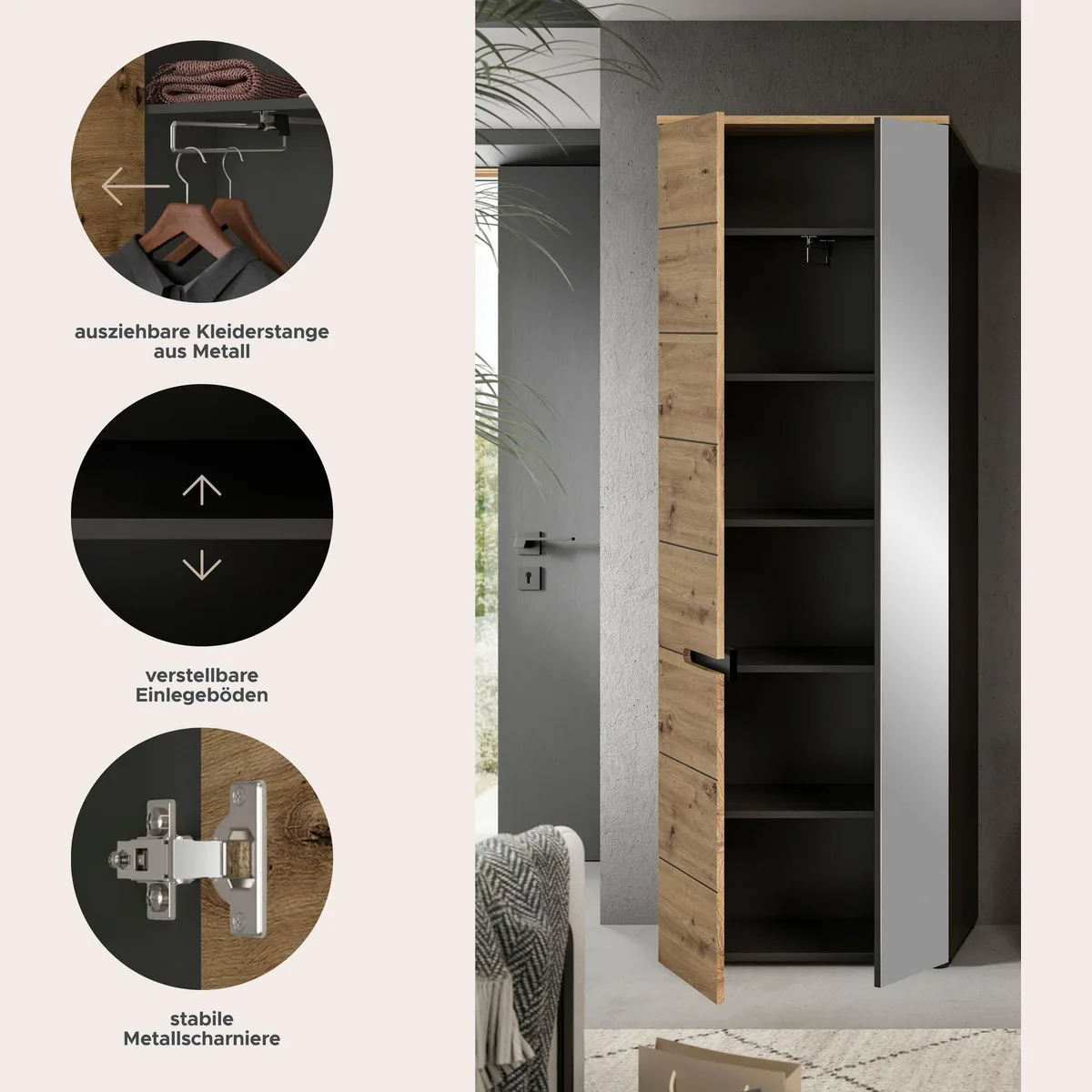 Home affaire Garderobenschrank Rehat, modernes Design, optimale Stauraumlösung, in verschiedenen Farben erhältlich 4