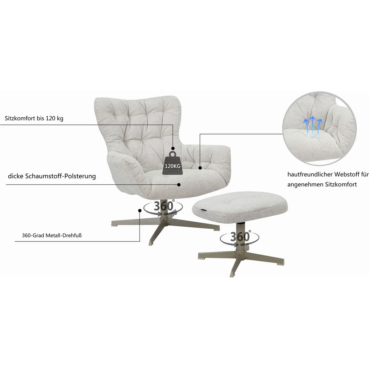Home affaire Drehsessel VERGAS mit Hocker, 360-Grad-Drehfunktion, modernes Design 3