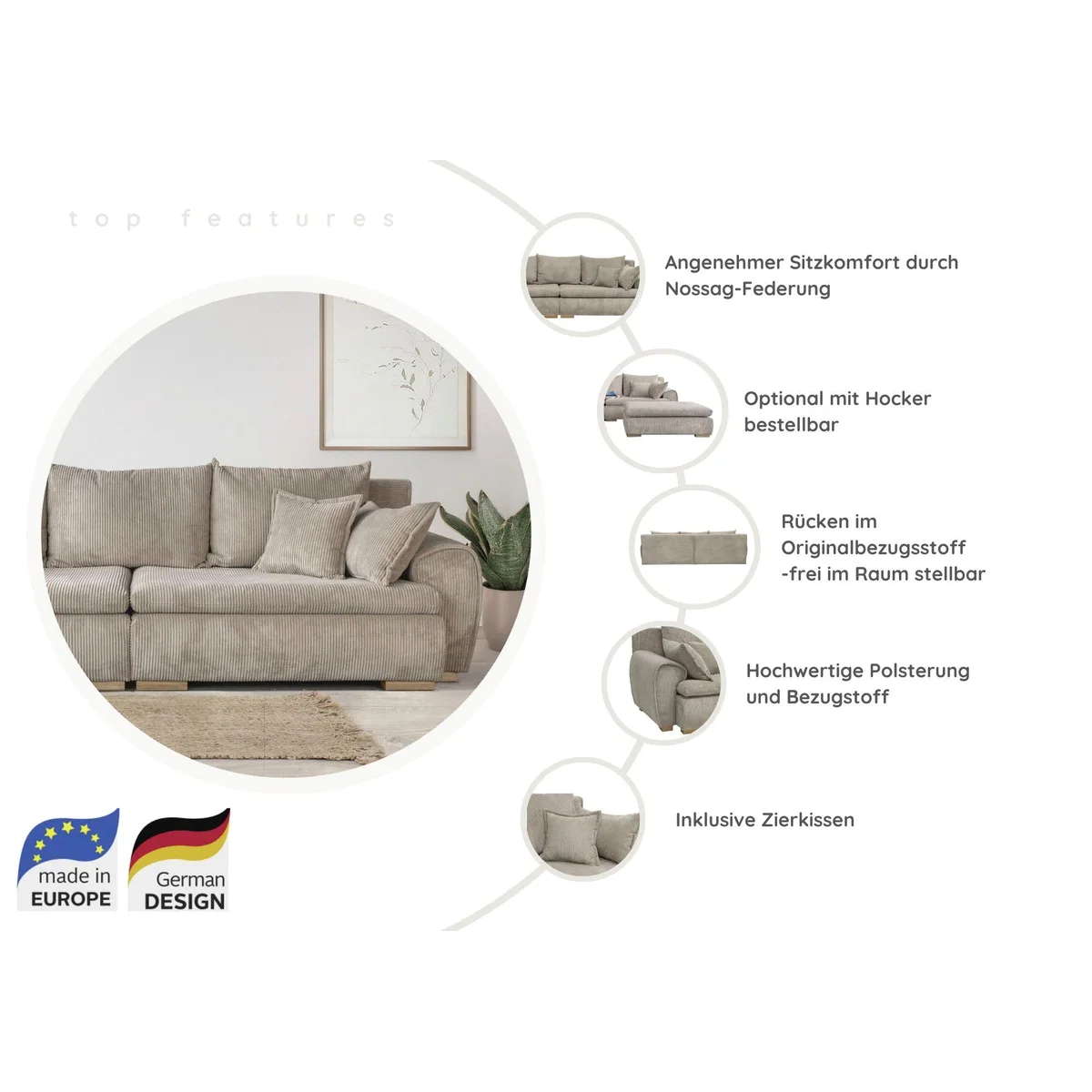 Home affaire Big-Sofa Katja, 275 cm Breite, Komfort-Wellenunterfederung, inkl. 4 Zierkissen 3