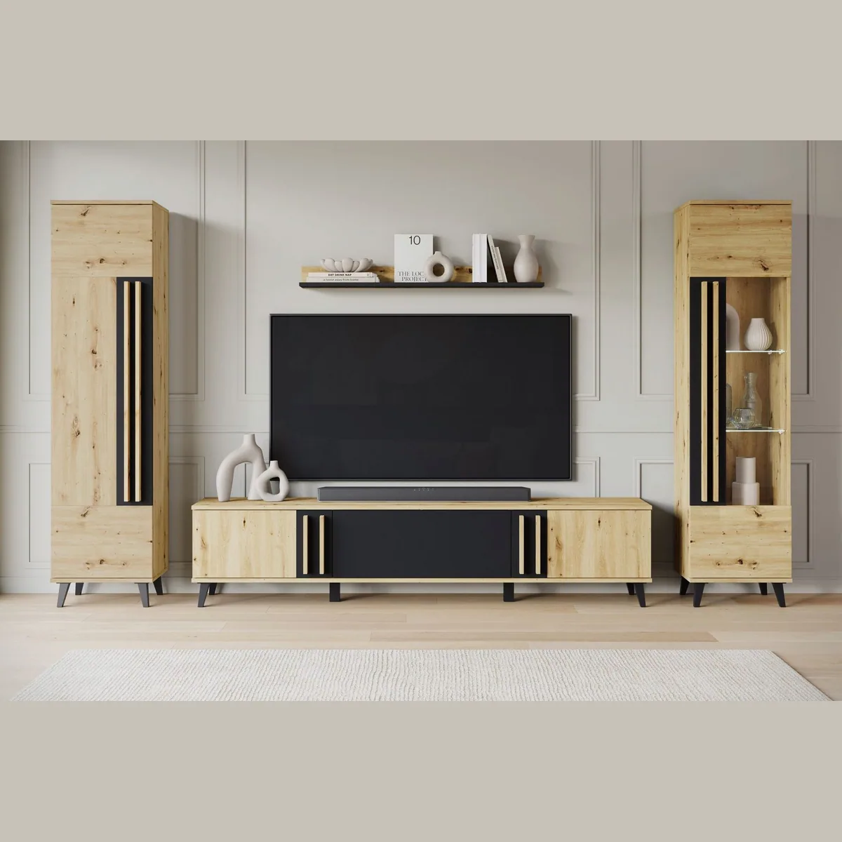 Home affaire Wohnwand Helsinki, modernes Design mit verglaster Vitrine — vierteilig, verstellbare Einlegeböden
