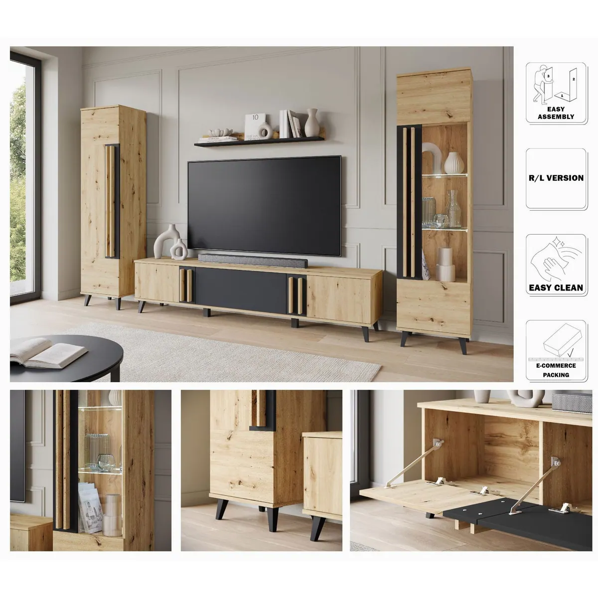 Home affaire Wohnwand Helsinki, modernes Design mit verglaster Vitrine — vierteilig, verstellbare Einlegeböden 3