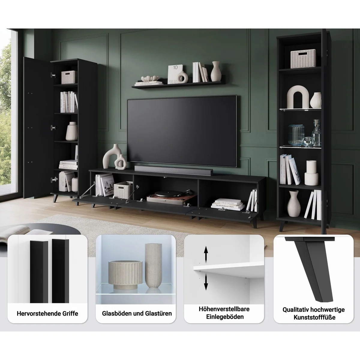 Home affaire Wohnwand Helsinki, modernes Design mit verglaster Vitrine — vierteilig, verstellbare Einlegeböden 4