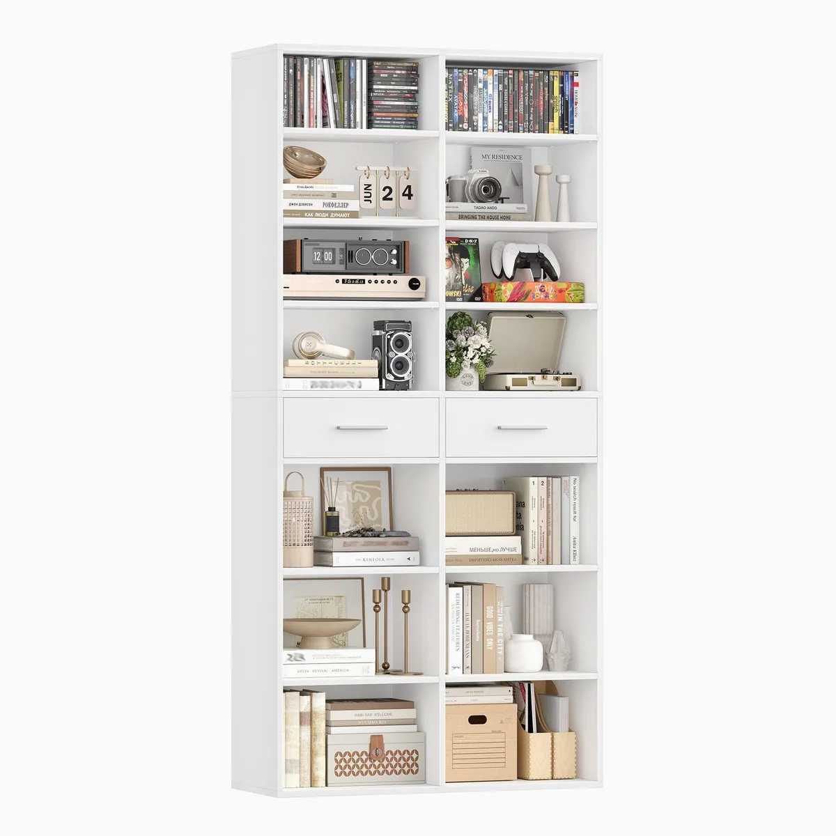 HOMECHO Bücherregal, 185,5 cm hoch, 14 Fächer, 2 Schubladen, verstellbare Böden