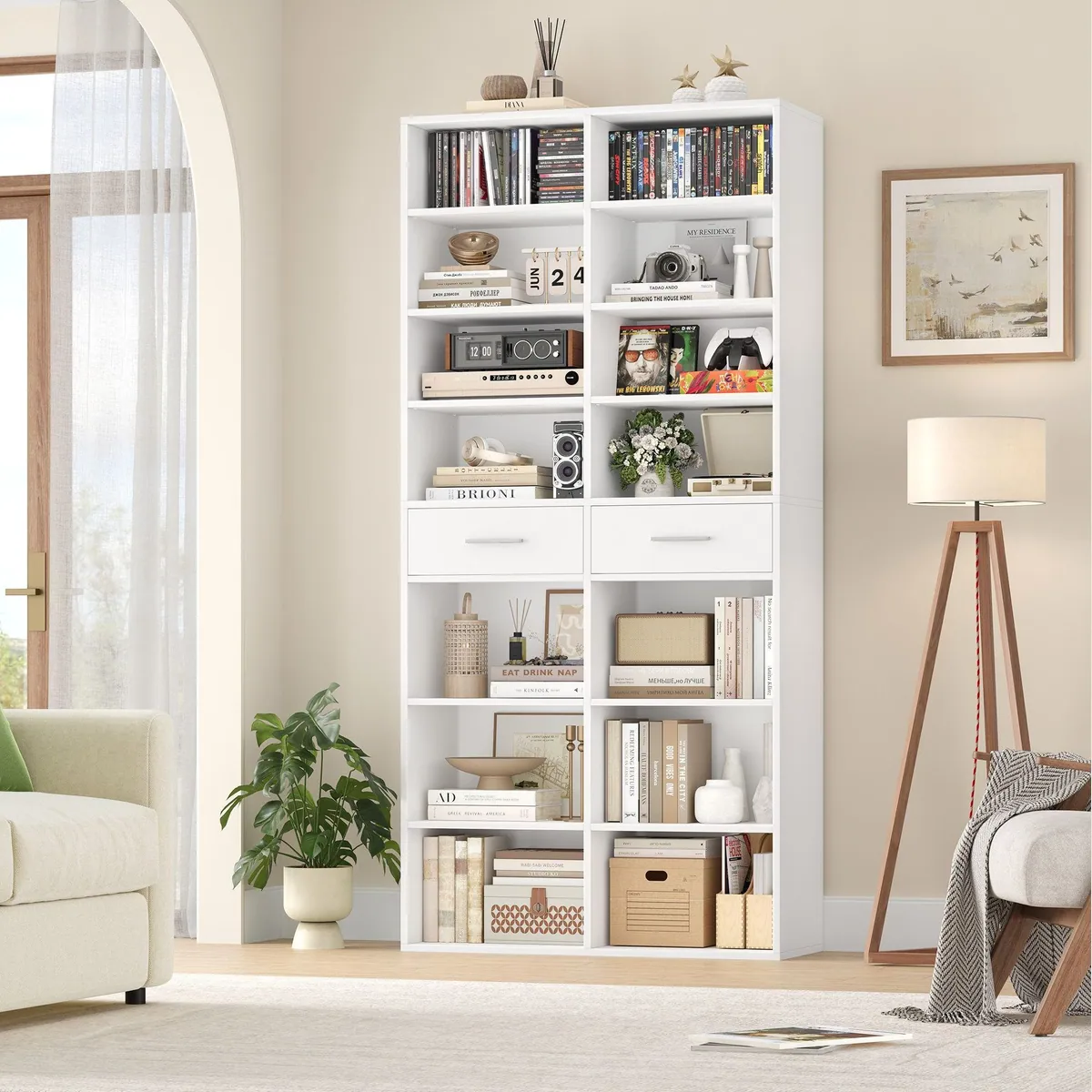 HOMECHO Bücherregal, 185,5 cm hoch, 14 Fächer, 2 Schubladen, verstellbare Böden 2