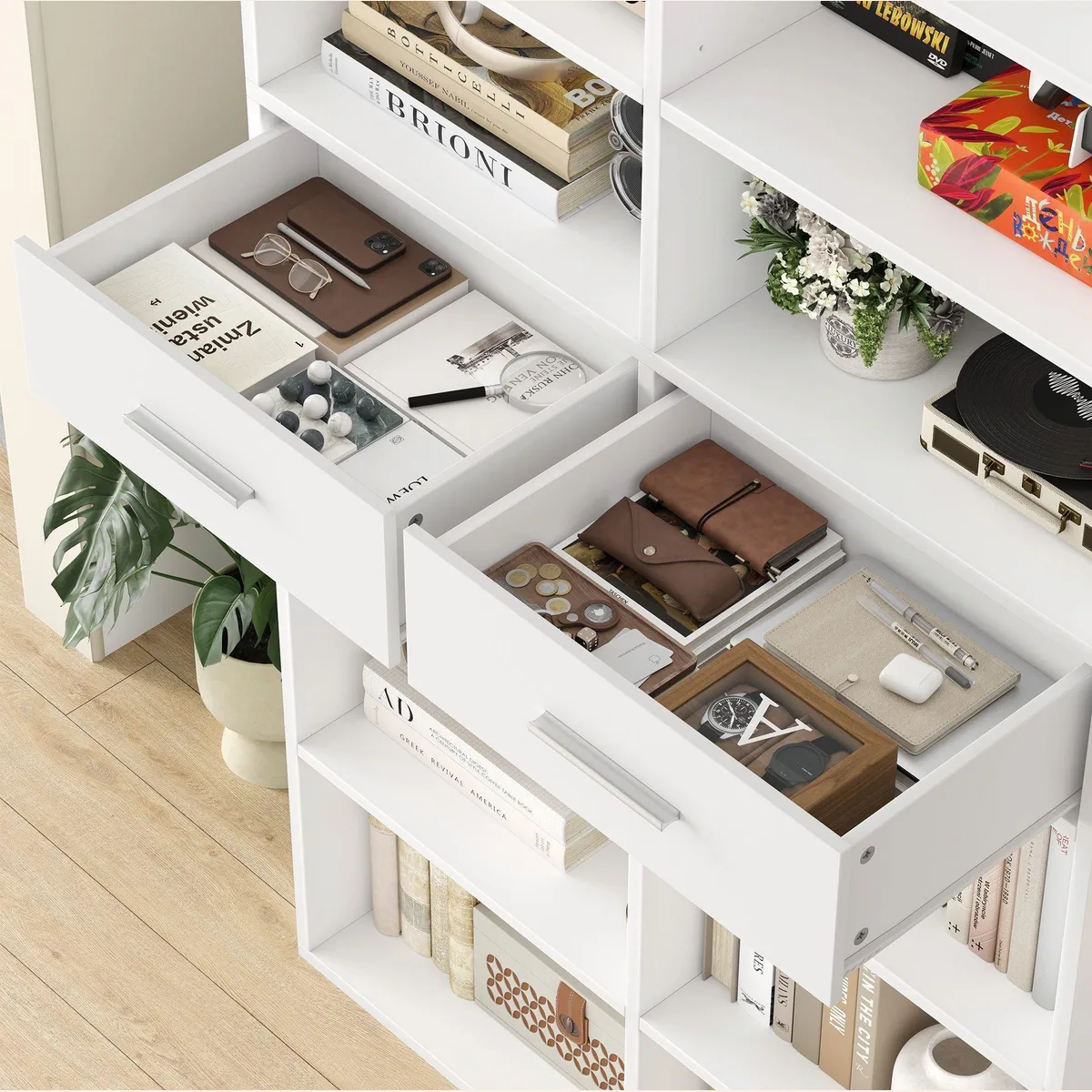 HOMECHO Bücherregal, 185,5 cm hoch, 14 Fächer, 2 Schubladen, verstellbare Böden 3