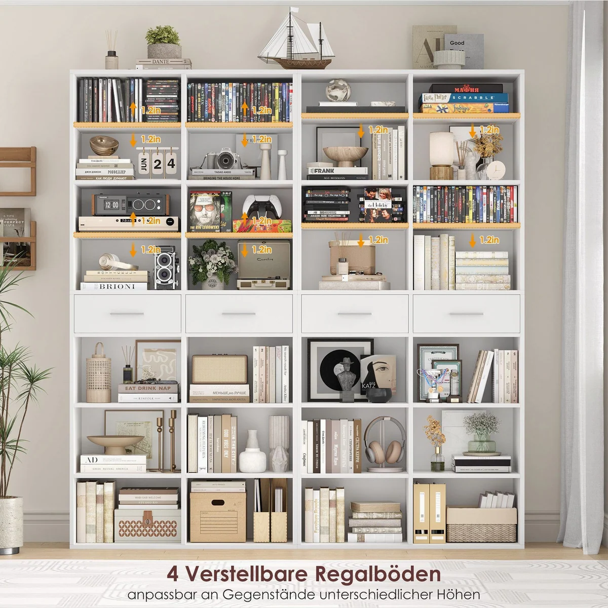 HOMECHO Bücherregal, 185,5 cm hoch, 14 Fächer, 2 Schubladen, verstellbare Böden 5