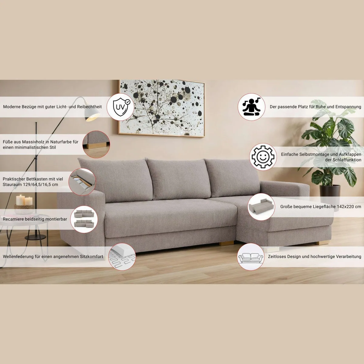 Ecksofa MAGHERA, Schlafsofa mit Bettkasten, hoher Sitzkomfort und flexible Recamiere 3