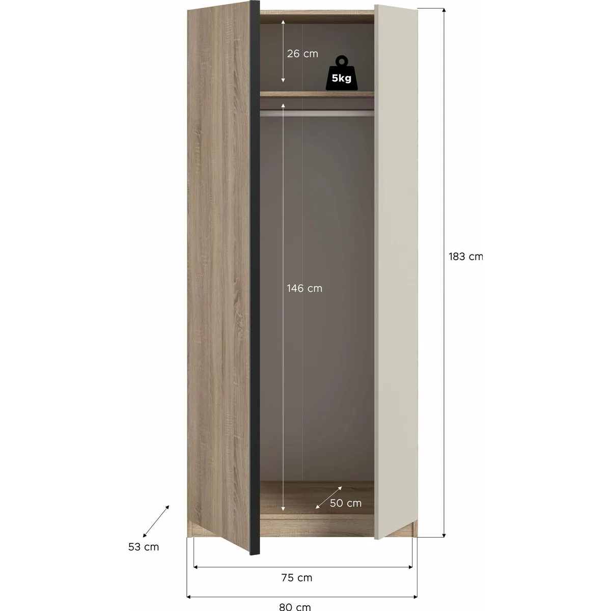 BENDINGO Kleiderschrank, 2-türig, Eiche NB, 80 cm — geräumig, modern, vielseitig 5