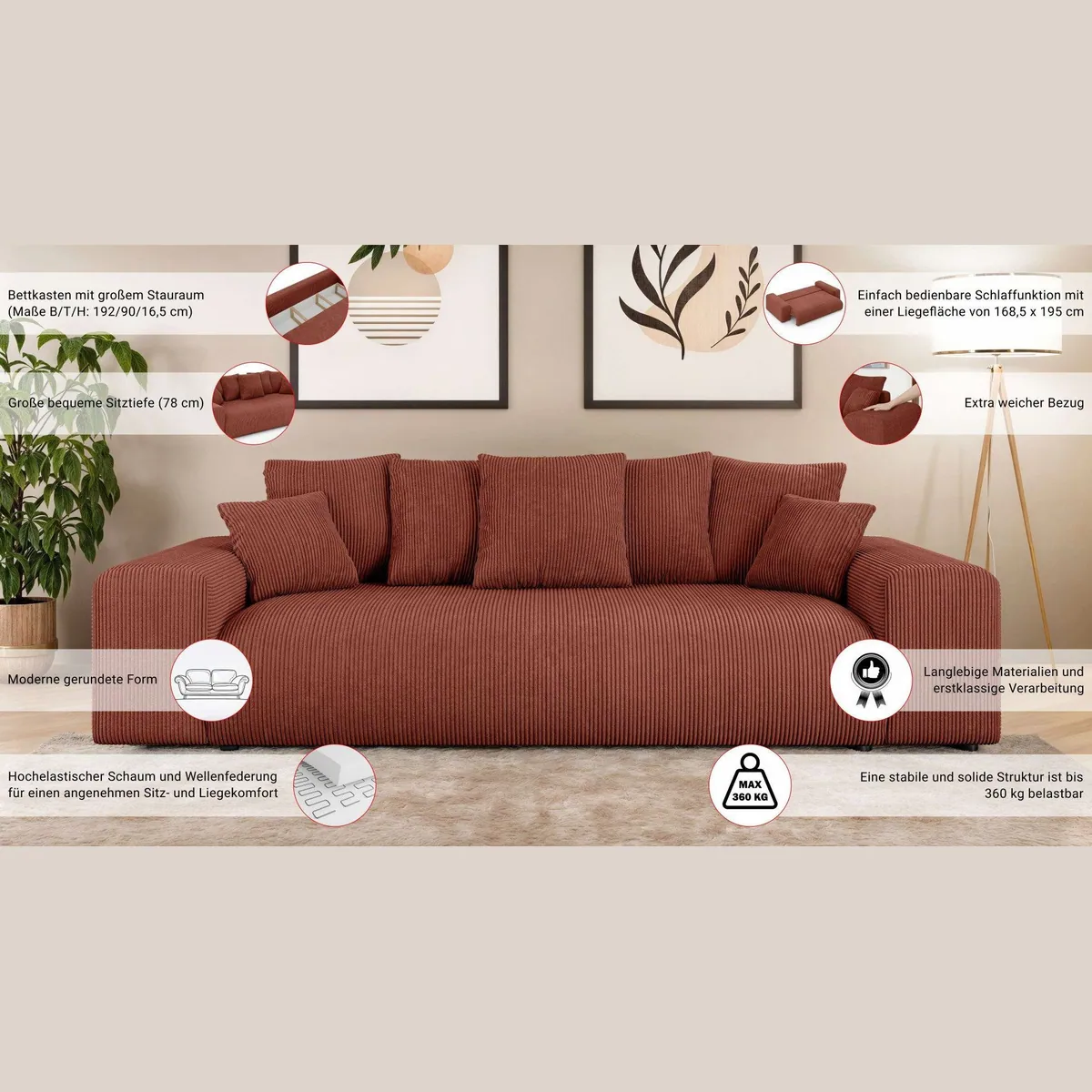 LAKESIDE 3-Sitzer Schlafsofa mit Bettkasten, hoher Sitzkomfort und Wellenunterfederung 3